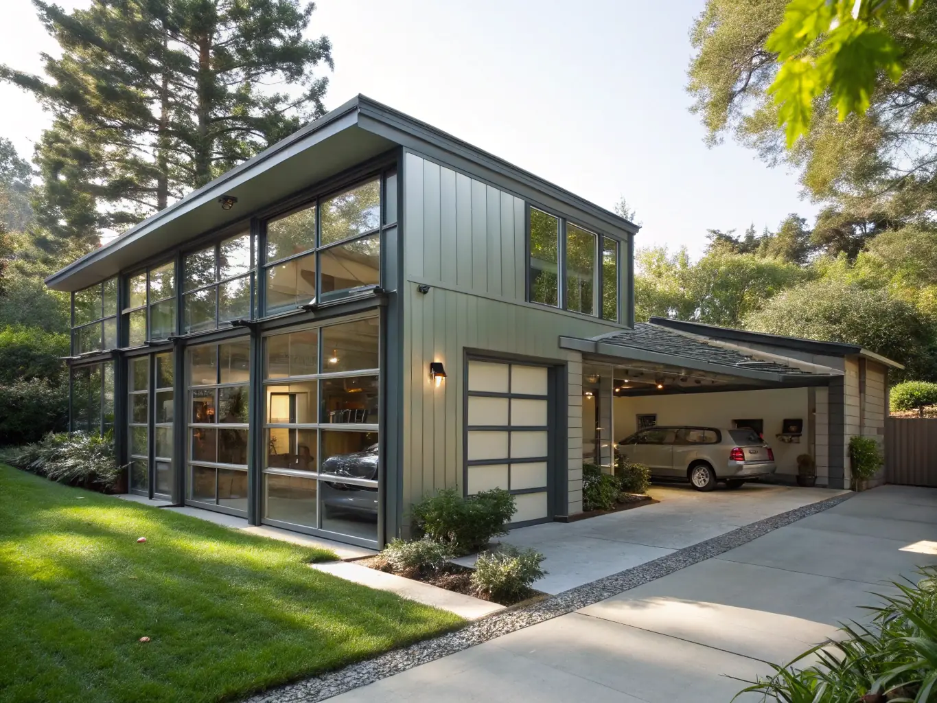 A modern Midlands home with a wide double garage door, two cars parked inside, and ample space for bikes and storage shelves, photographed on a sunny day to showcase spaciousness and organisation.