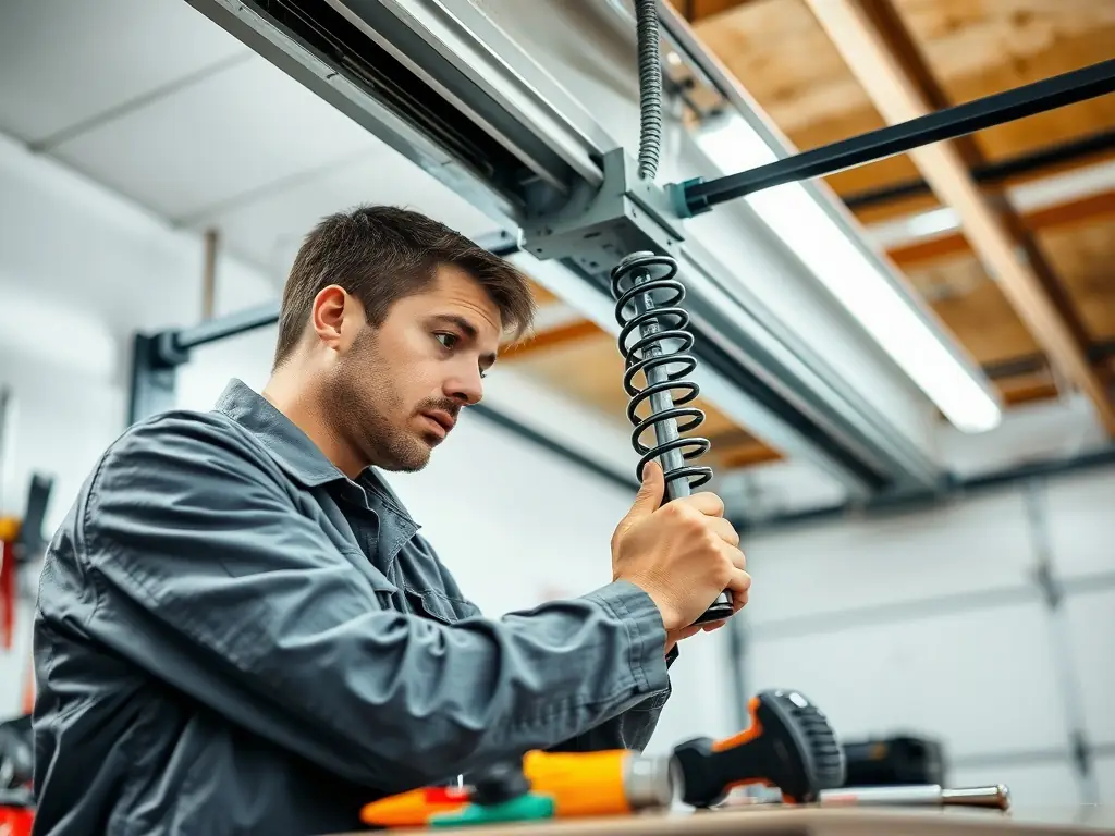 A close-up of an experienced technician from Central Garage Doors using professional tools to adjust a garage door mechanism, highlighting skill and attention to detail.