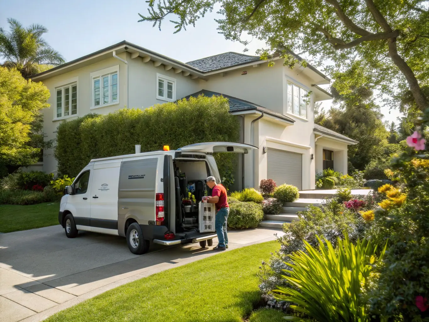 A Central Garage Doors van parked outside a home in Coalville, with a clear logo and contact information displayed on the side. The scene emphasizes local presence and accessibility.
