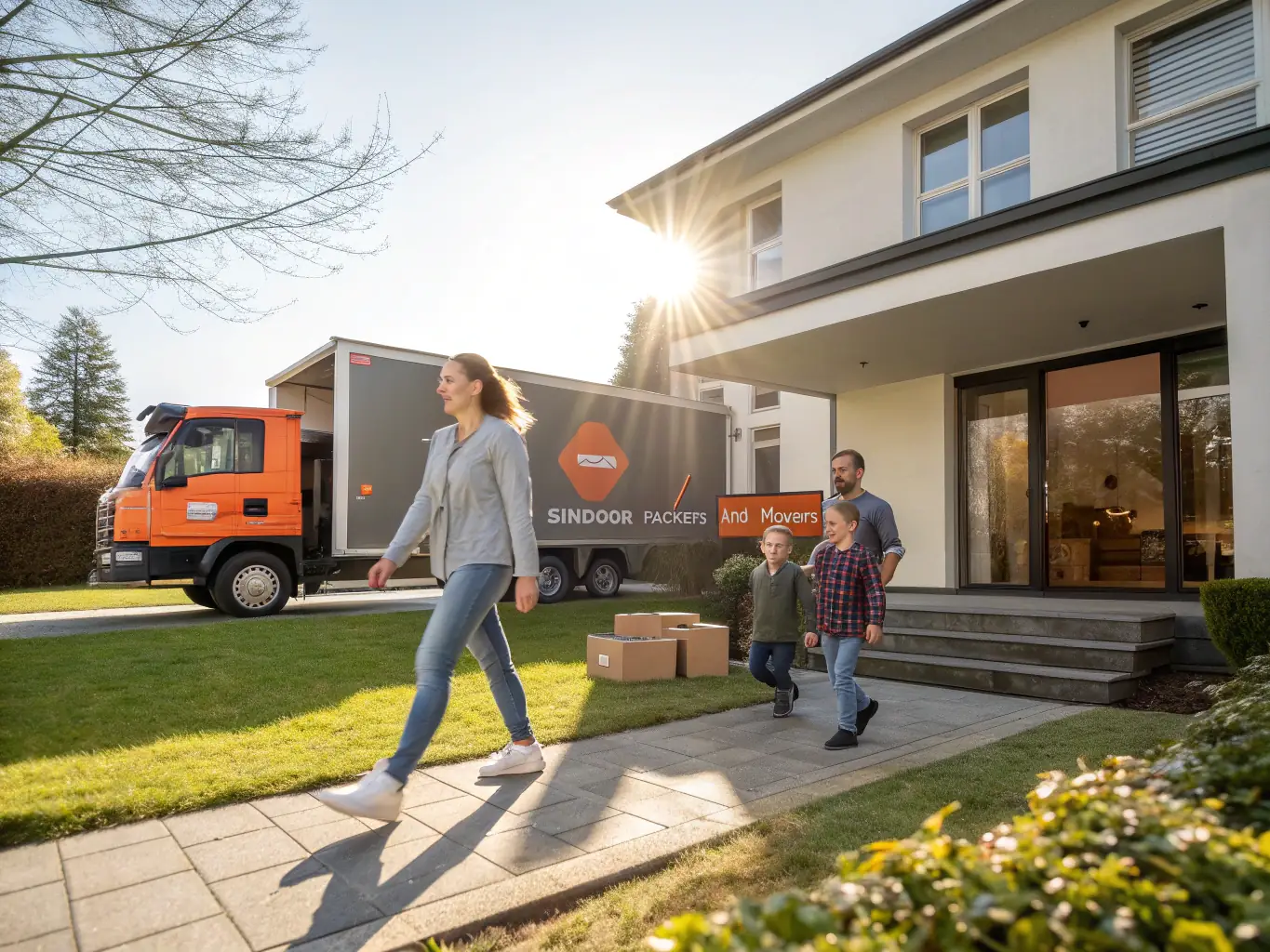 A family entering their home through a double garage door, with groceries and children, highlighting the ease of access and convenience for busy Midlands households.