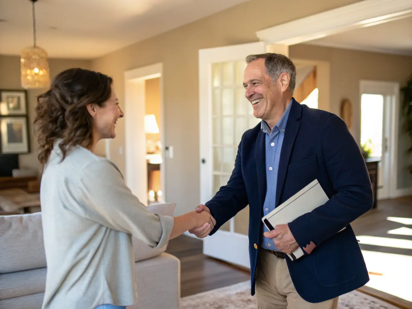 A friendly Central Garage Doors technician in branded uniform shaking hands with a smiling Coalville homeowner in front of a modern garage door, conveying trust and local service.