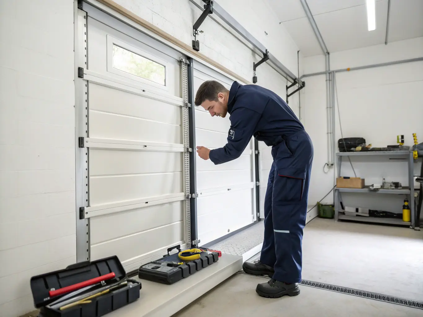 A detailed image of a garage door cable that has snapped, with frayed wires visible, and a technician preparing to replace it, set in a typical UK suburban garage.